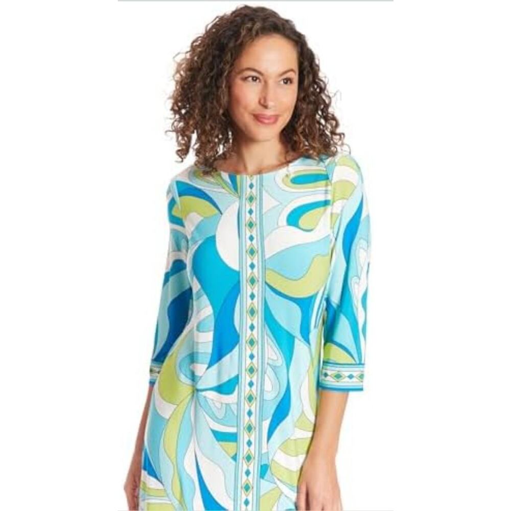 London Times Shift Dress 3/4 Sleeve Pullover Stretch Sz L New Blue Aqua NWT